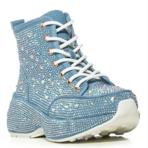 NIB Akira Blue Denim RHINESTONE PLATFORM SNEAKERS 6 - Picture 1 of 11
